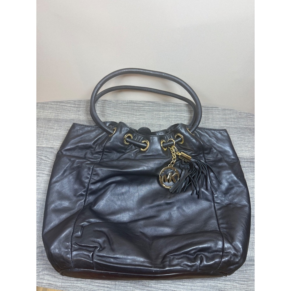 Michael Kors Black Leather Shoulder Bag Gold Hardware Tassel Charm Tote